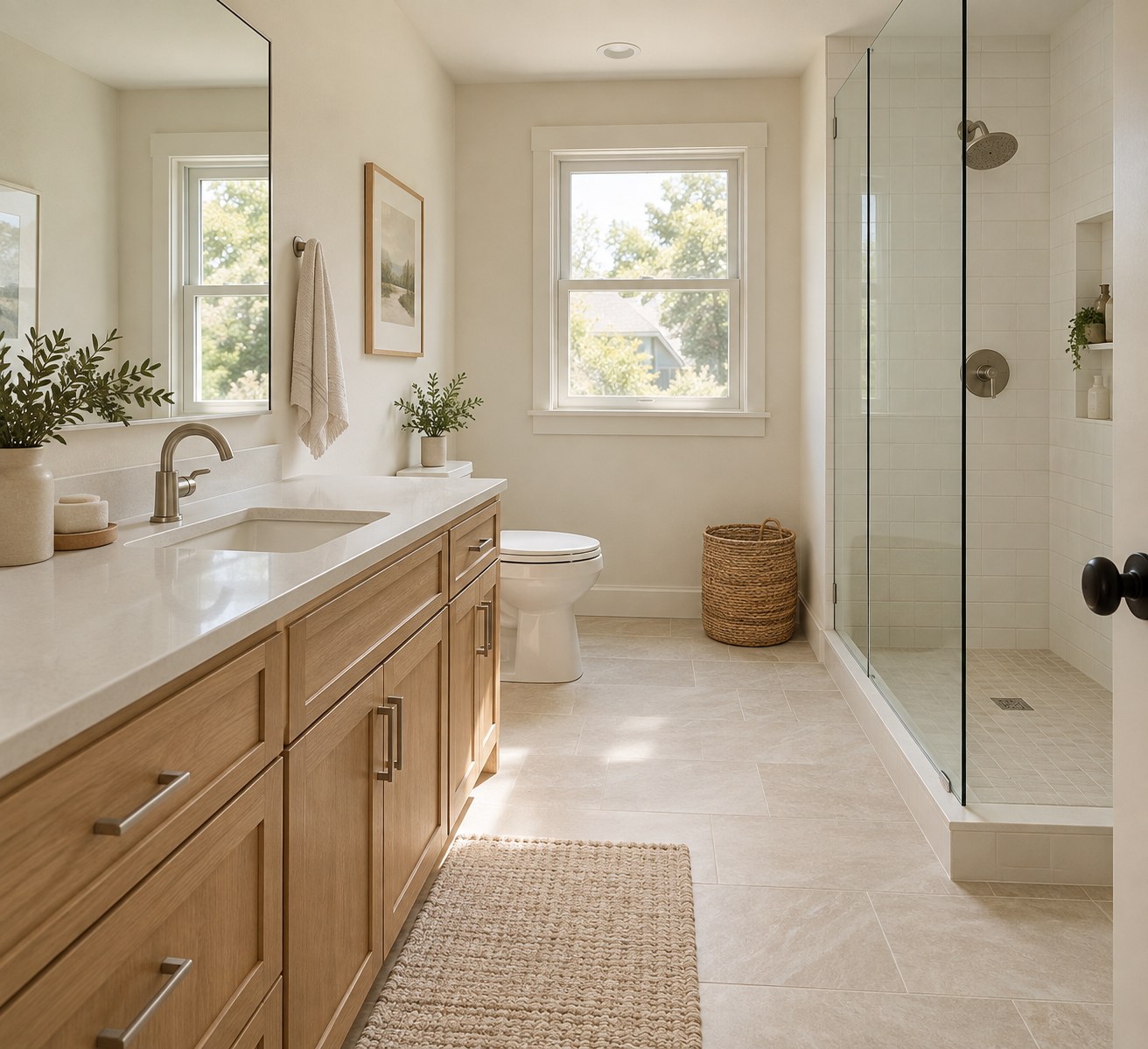 AI illustration of a bathroom with a natural oak vanity and glass shower