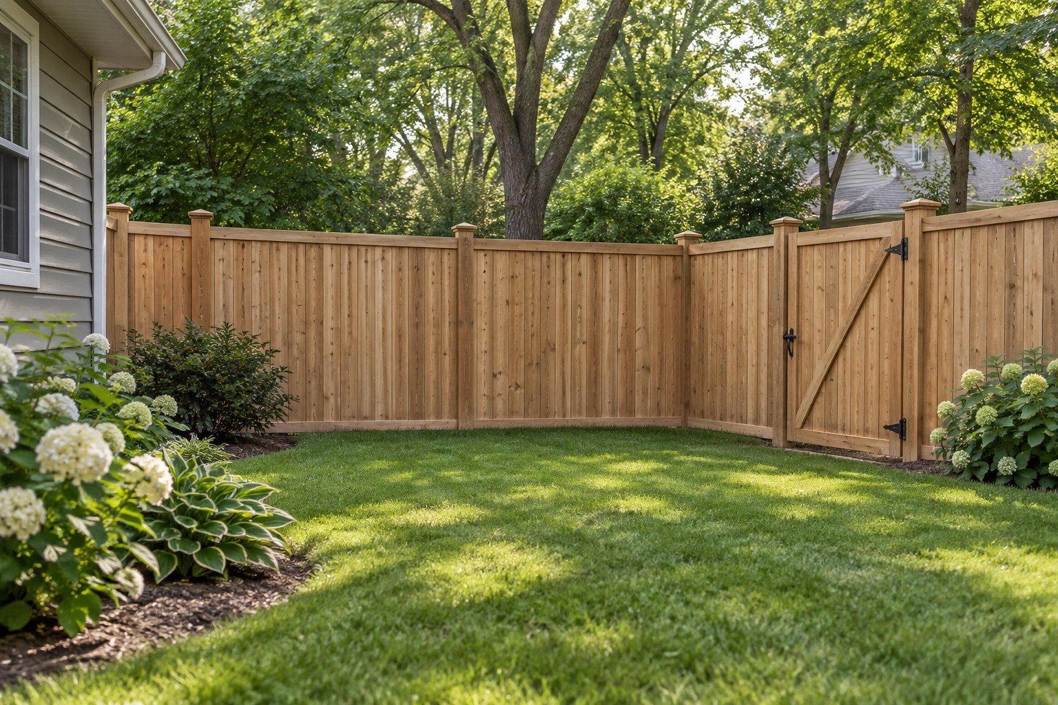 AI illustration of a cedar privacy fence and gate in a green backyard