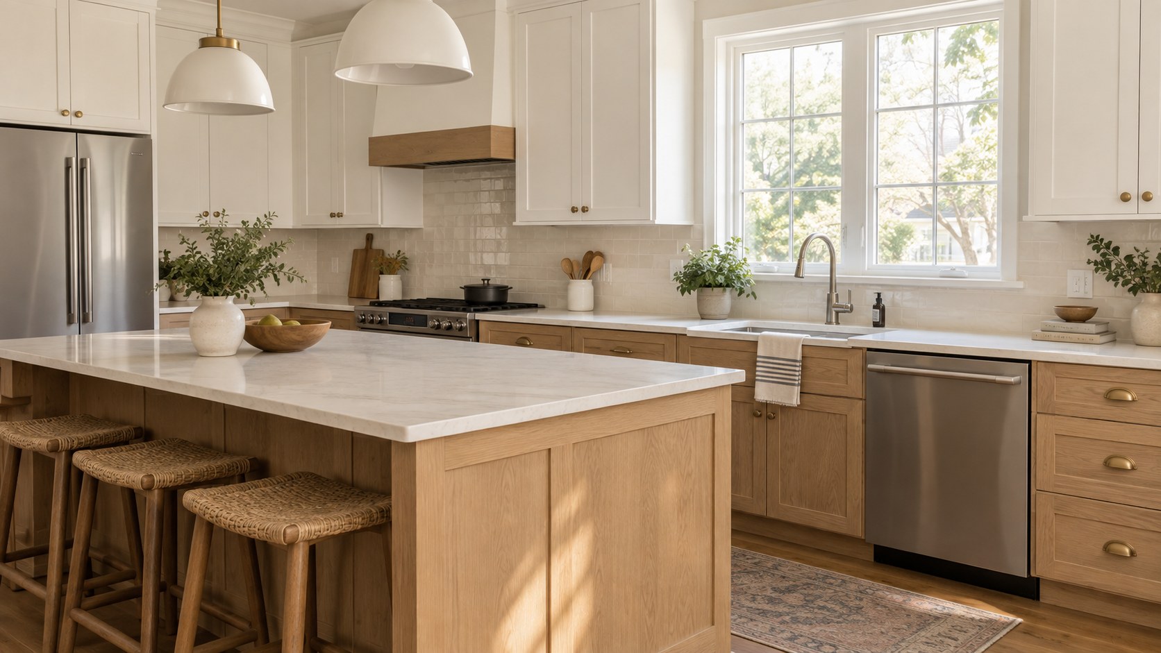 AI illustration of a kitchen with warm white cabinets and natural wood finishes